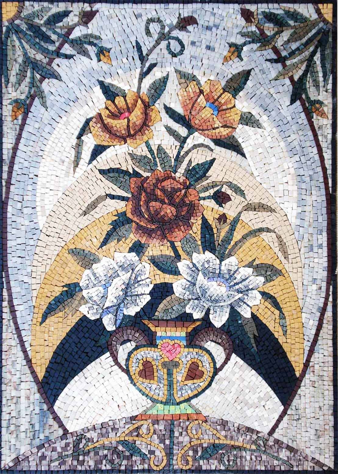 Handmade Marble Mosaic Art: Floral InVase Stone Decor (44” x 32”)