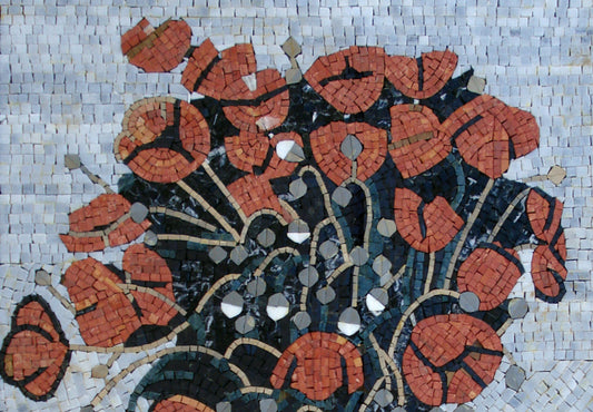 Handmade Marble Mosaic Art: Flower Vase Kitchen Backsplash Tile (36” x 24”)