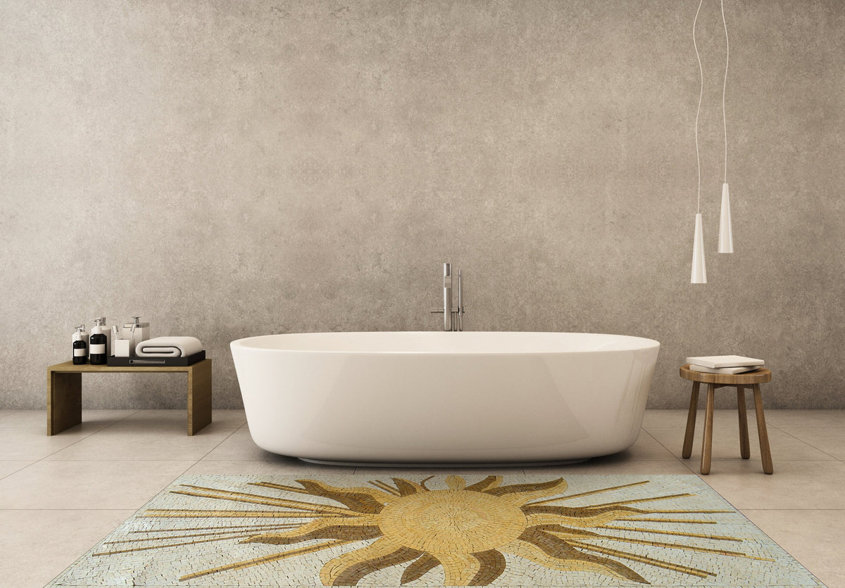Handmade Marble Mosaic Rug: Sun Art Tile, Natural Stone Decor (64” x 28”)