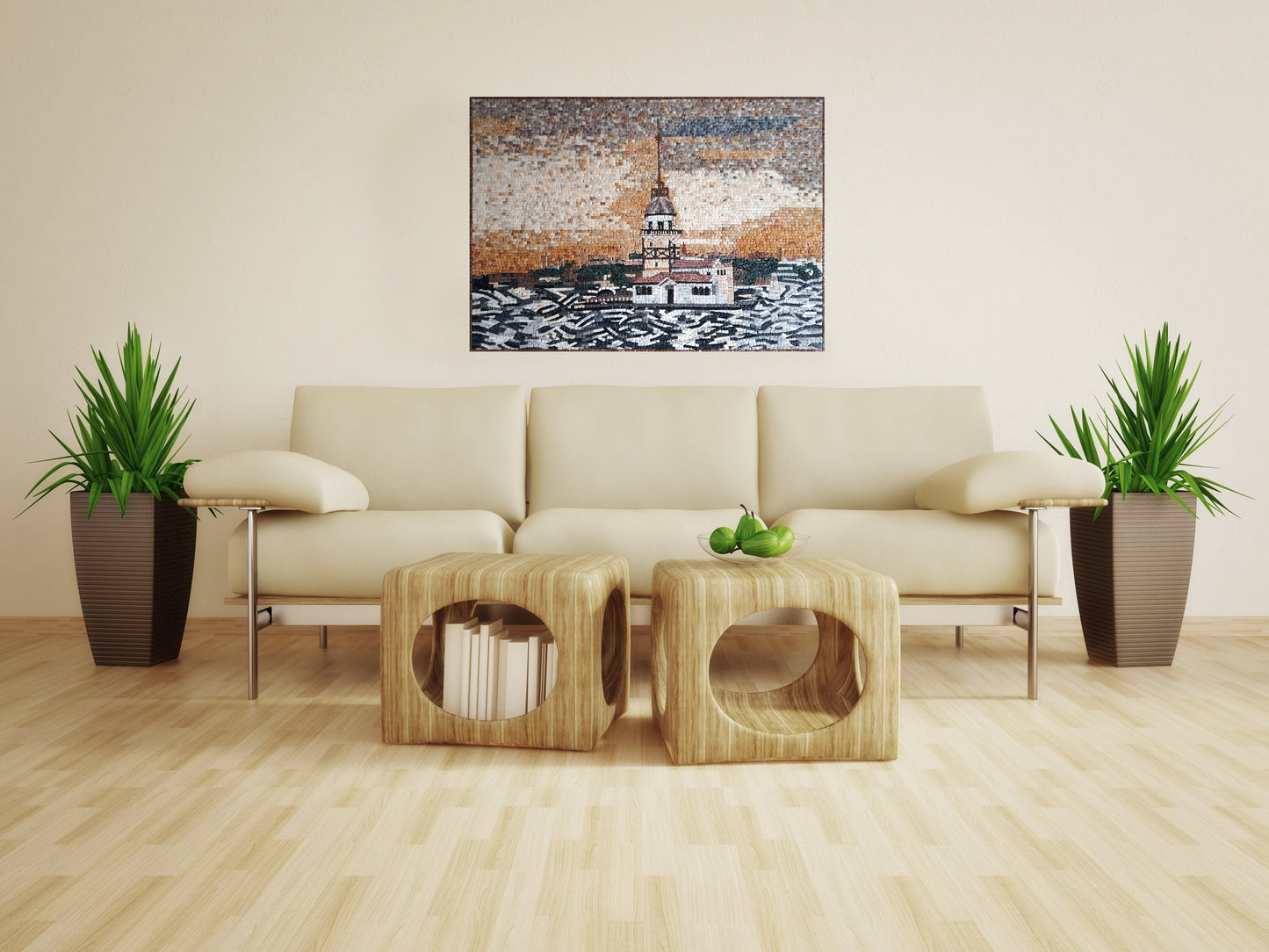 Coastal City Marble Mosaic Tile Art: Handmade Wall Decor (32” x 24”)