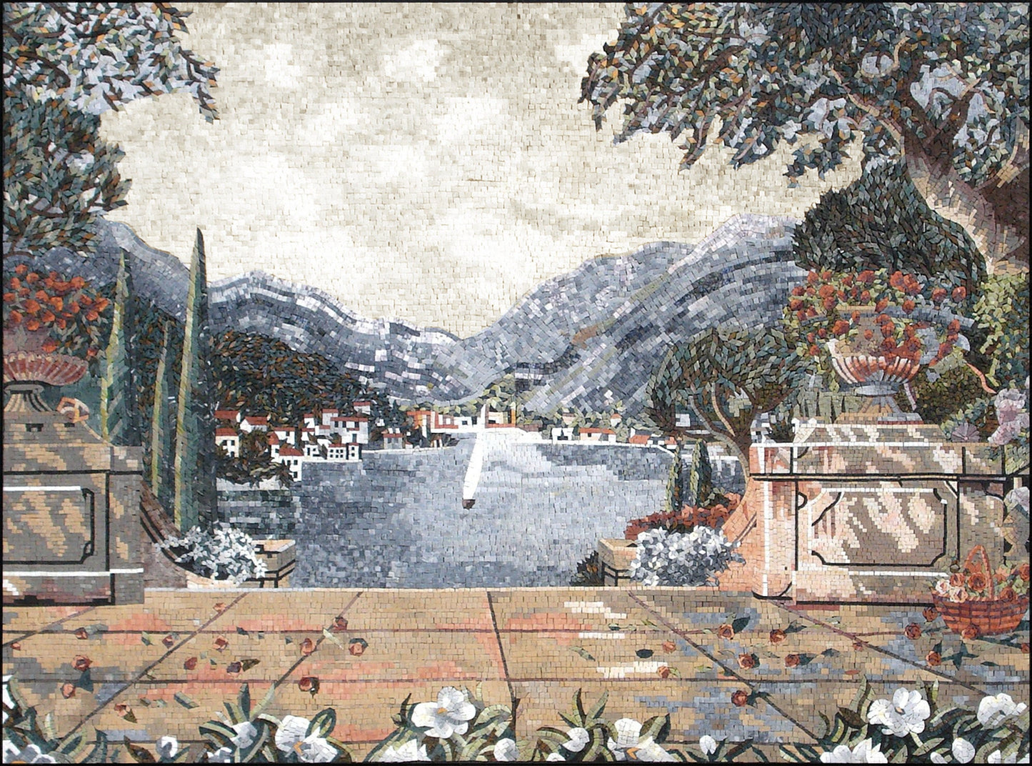 Handmade Lake Como Mosaic Tile Art: Floral Italian Scenery