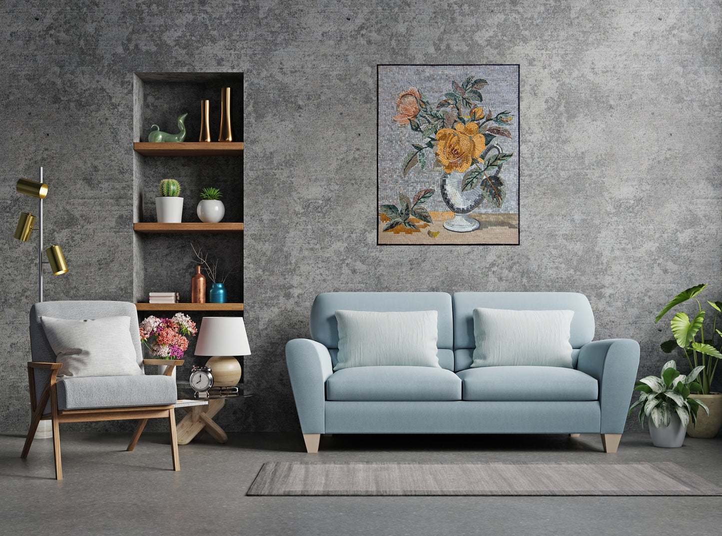 Handmade Marble Mosaic Mural: Flowers in Vase Wall Art