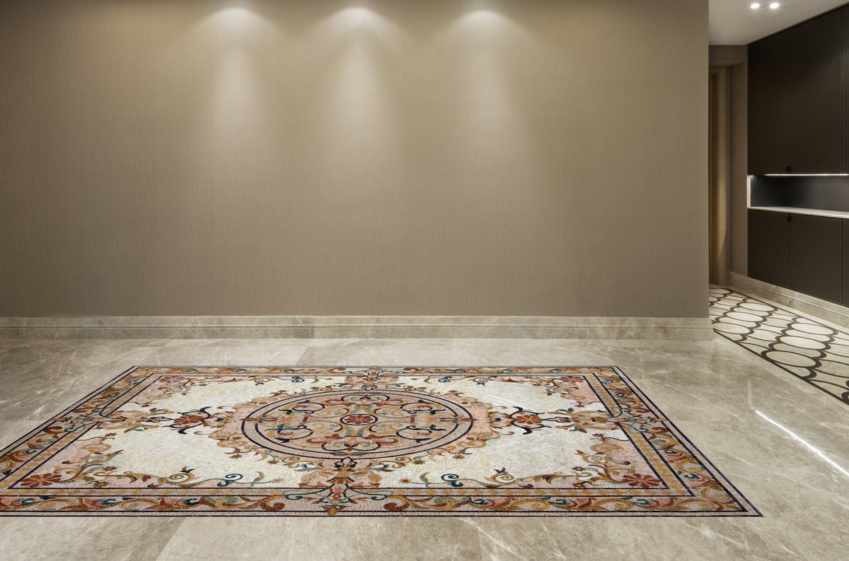 Handmade Marble Mosaic Rug: Floral Medallion, Stone Tile (80” x 60")