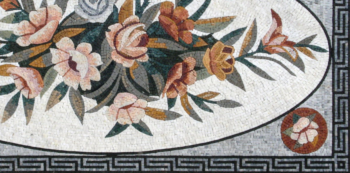 Handmade Marble Stone Rug: Floral Mosaic Carpet (80” x 40")