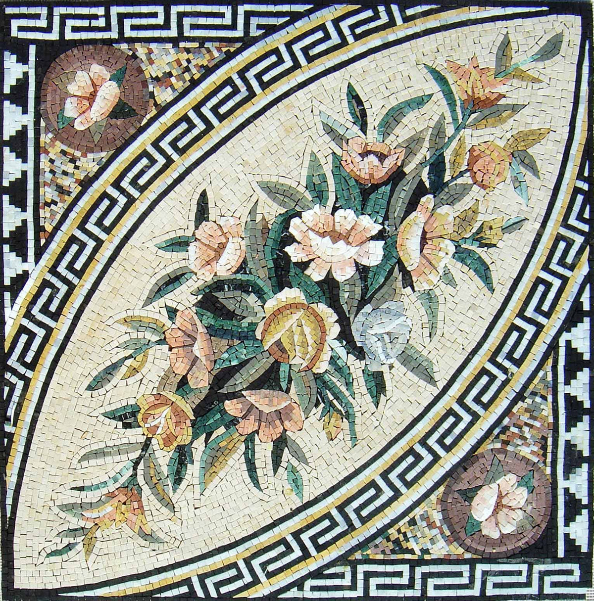 Handmade Marble Mosaic Tile Art: 40" Flowers & Vine Decor
