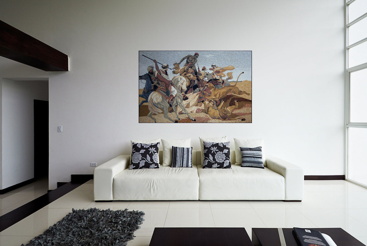 Lion Hunt Mosaic Mural: Horace Vernet Reproduction, Handmade Stone Tile Art