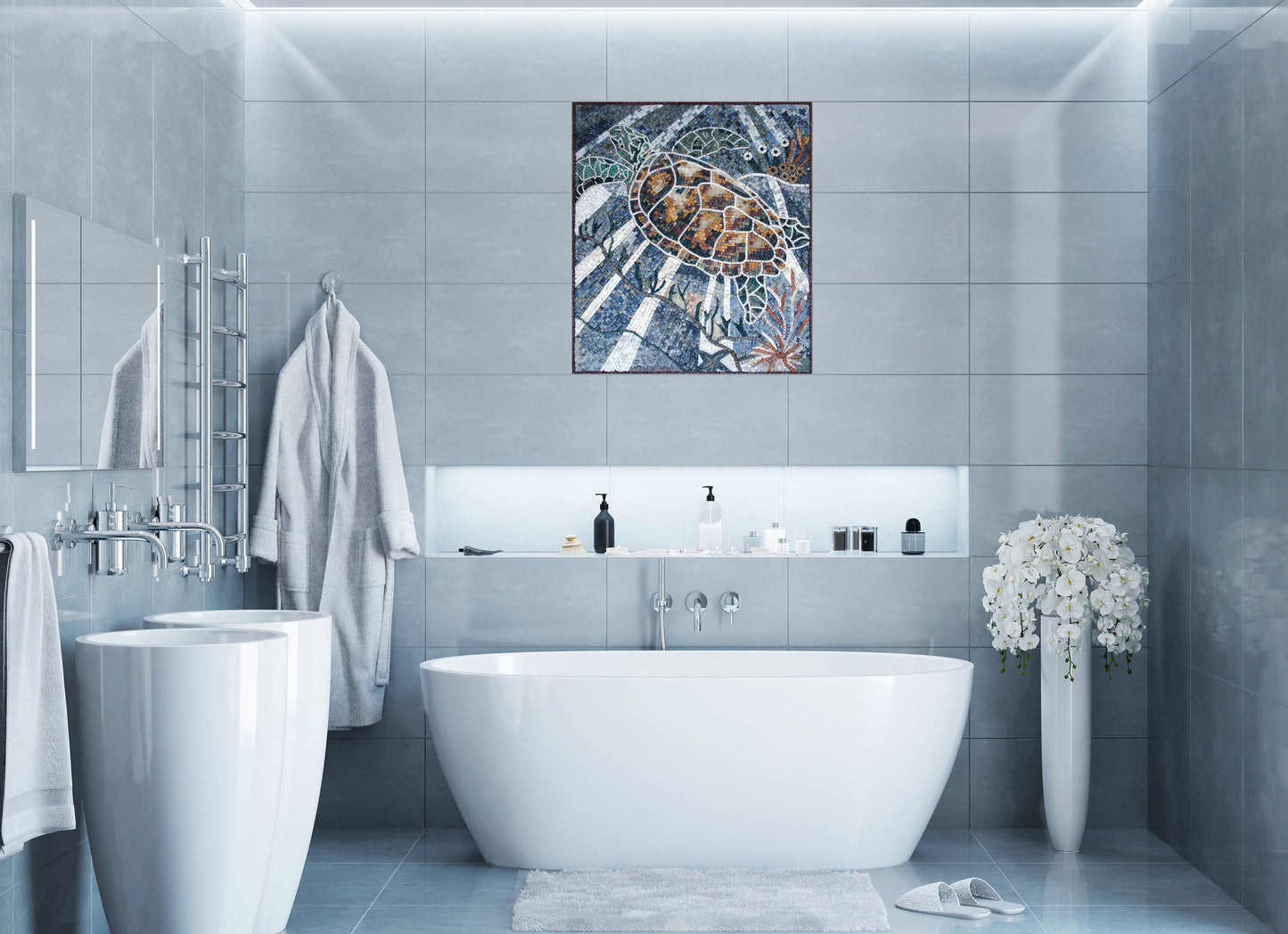 Sea Turtle Mosaic Tile Art: Handmade Marble Wall Decor (32" x 28")