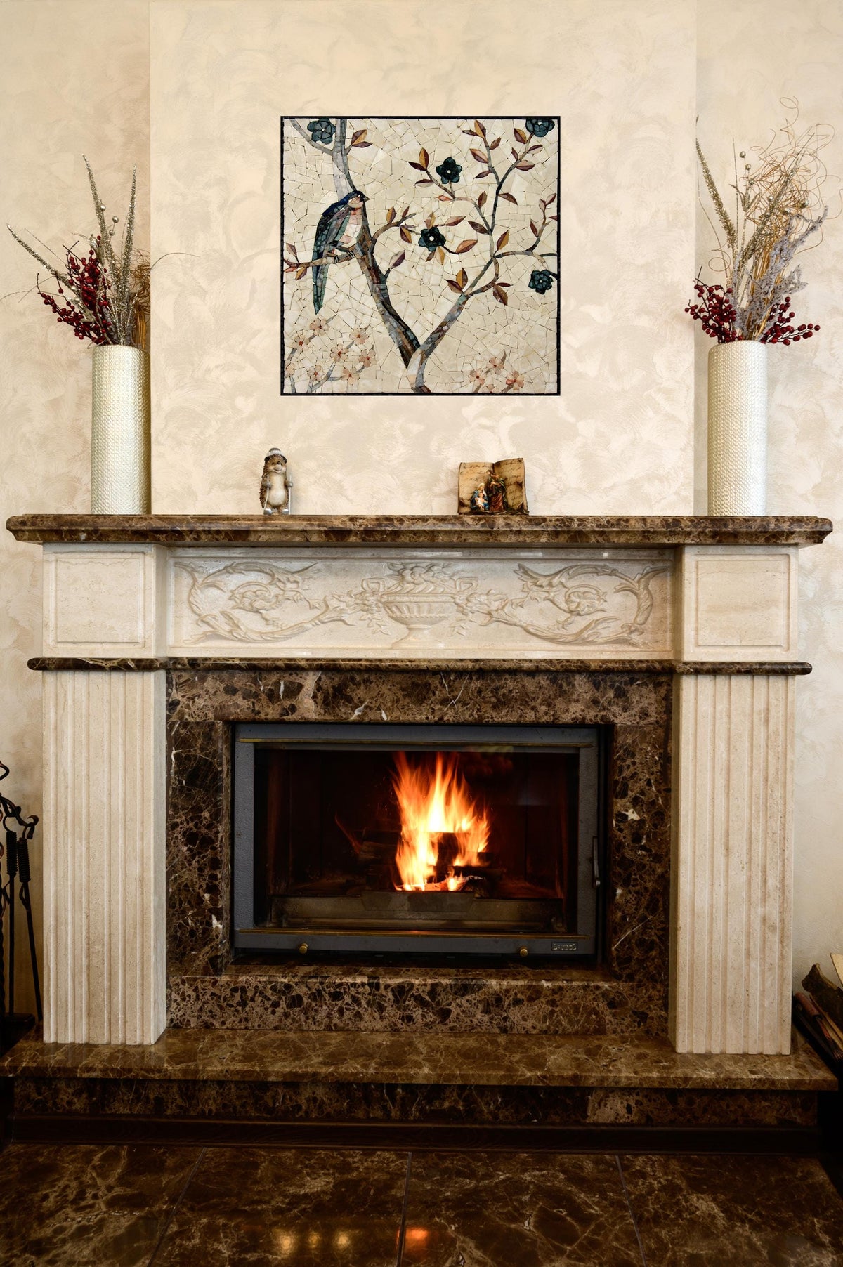 Custom Bird on Tree Mosaic Wall Art – Handmade Marble Tile Medallion, Nature-Inspired Decor
