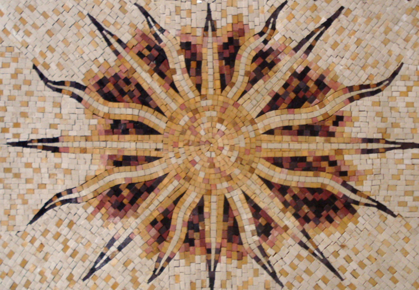Flaming Sun Marble Mosaic Rug: Handmade Celestial Tile Art