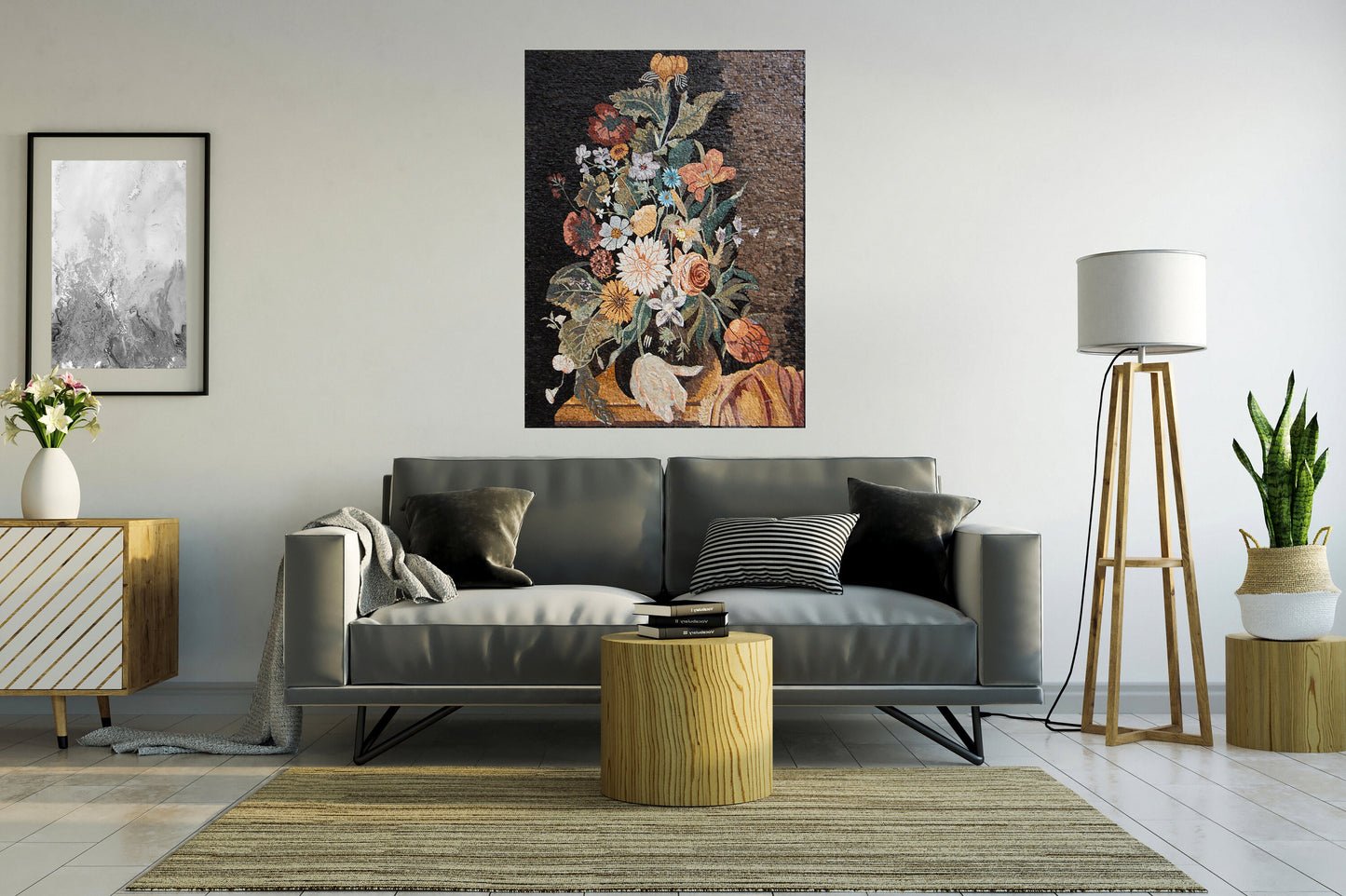 Handmade Floral Mosaic Wall Art: Natural Stone Flowers in Vase