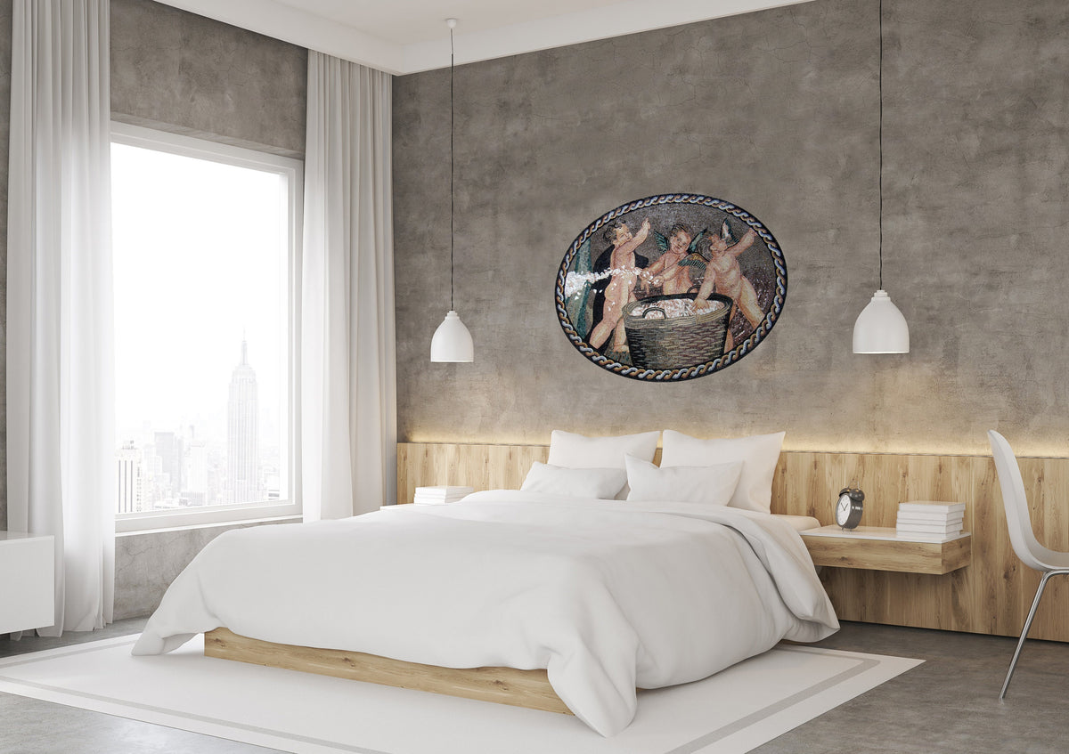 Handmade Cherubs Marble Mosaic Mural: Indoor/Outdoor Wall Art (52” x 32")