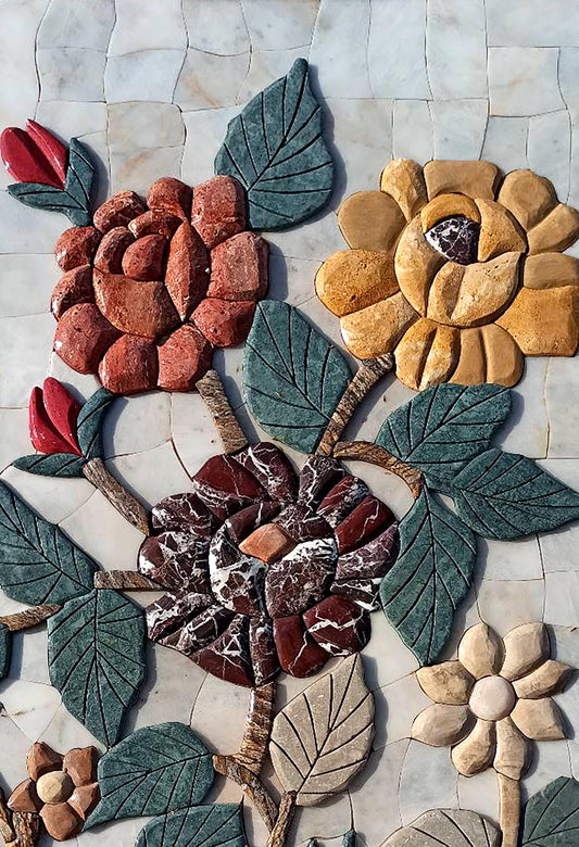 16"x24" Multicolored Flower Mosaic – Handmade Marble Tile Wall Art, Chunky Floral Design, Customization available