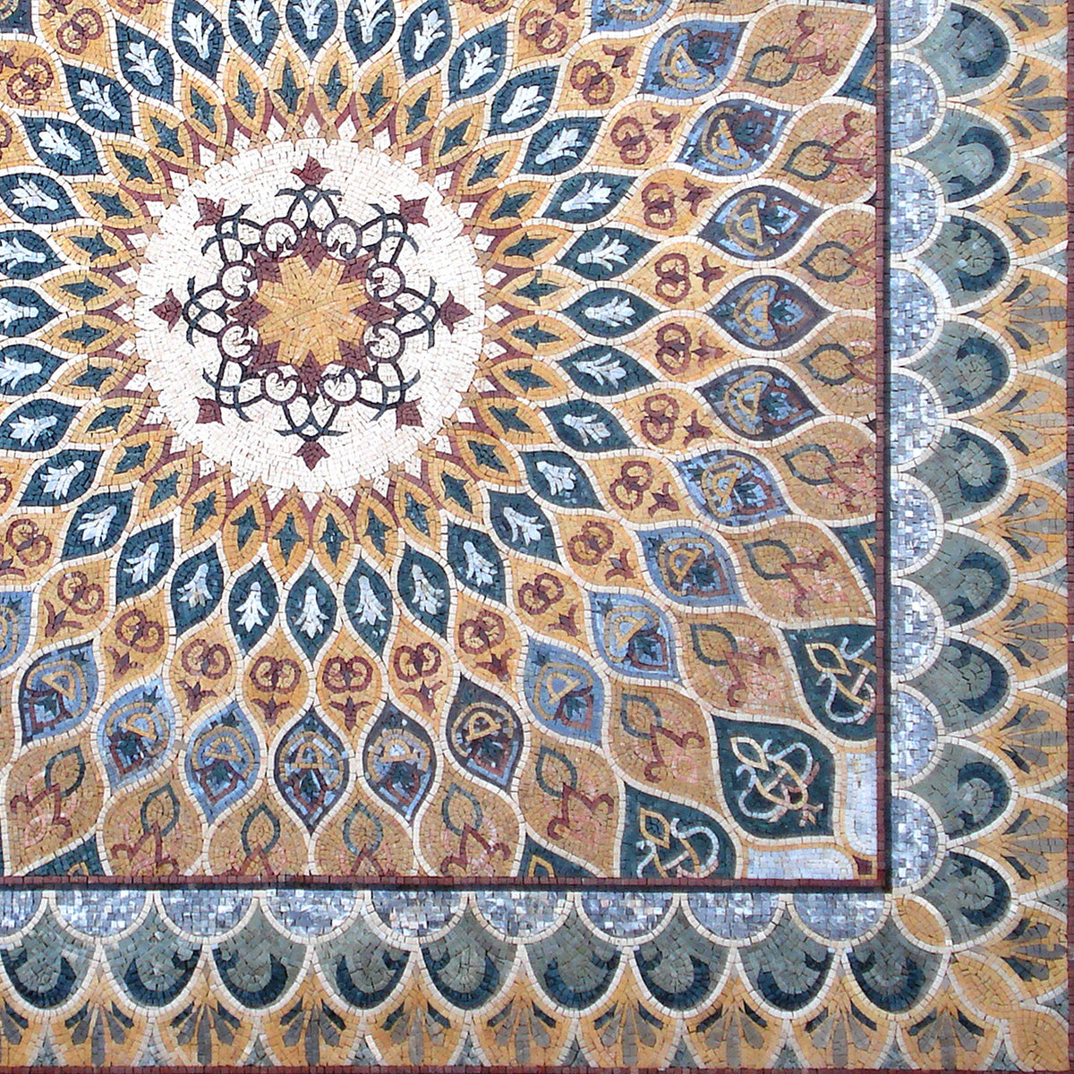 Handmade Marble Stone Mosaic Rug: Square Medallion Design