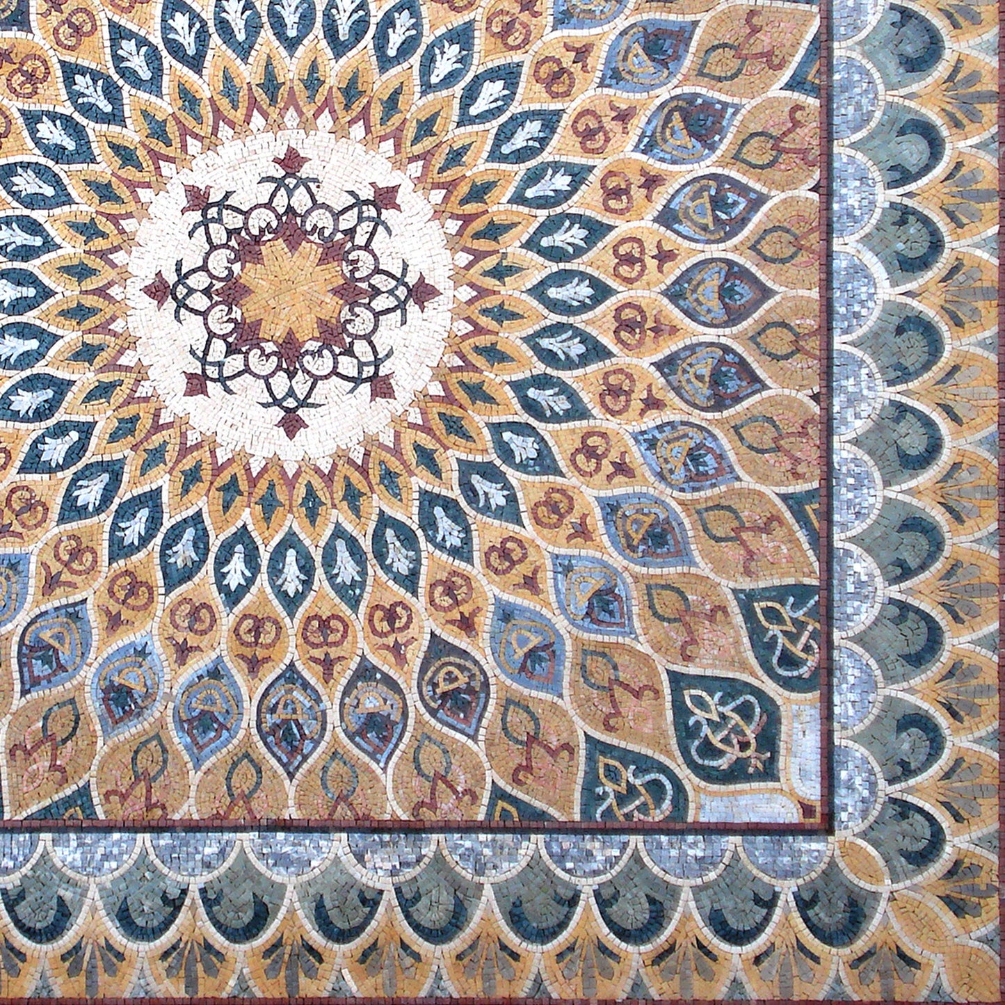 Handmade Marble Stone Mosaic Rug: Square Medallion Design