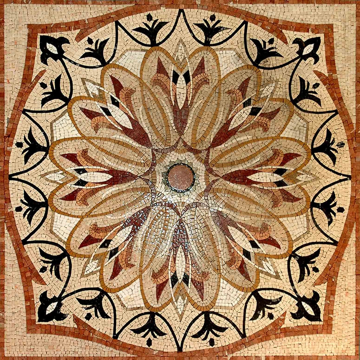 40" Floral Marble Mosaic Tile: Botanical Medallion Art