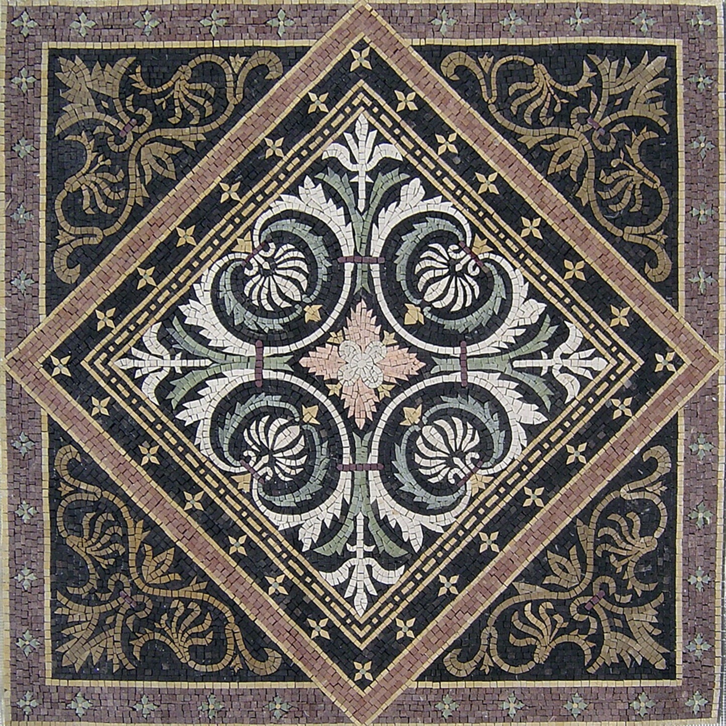 40" Medallion Marble Mosaic Tile: Geometric Inlay Artwork