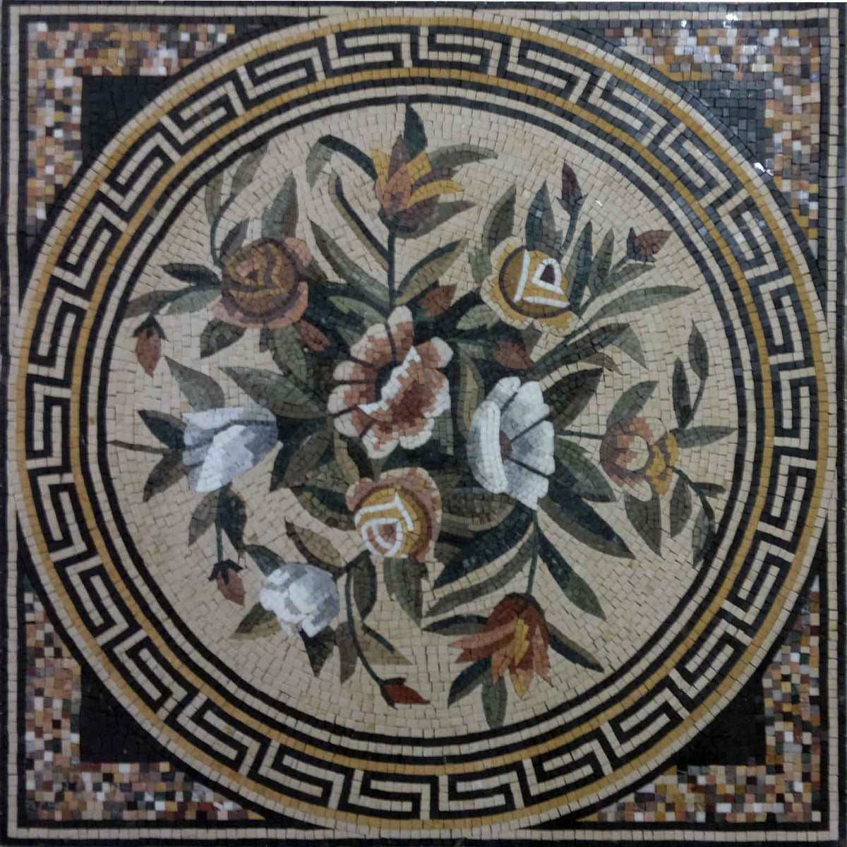 Handmade Marble Mosaic Tile Art: Flowers & Vine, 48" Wall Decor