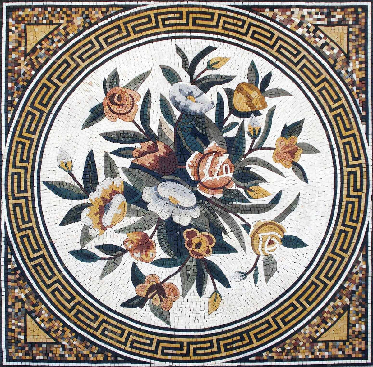 Handmade Stone Mosaic: Mixed Flower Bouquet Wall Art (48x48")