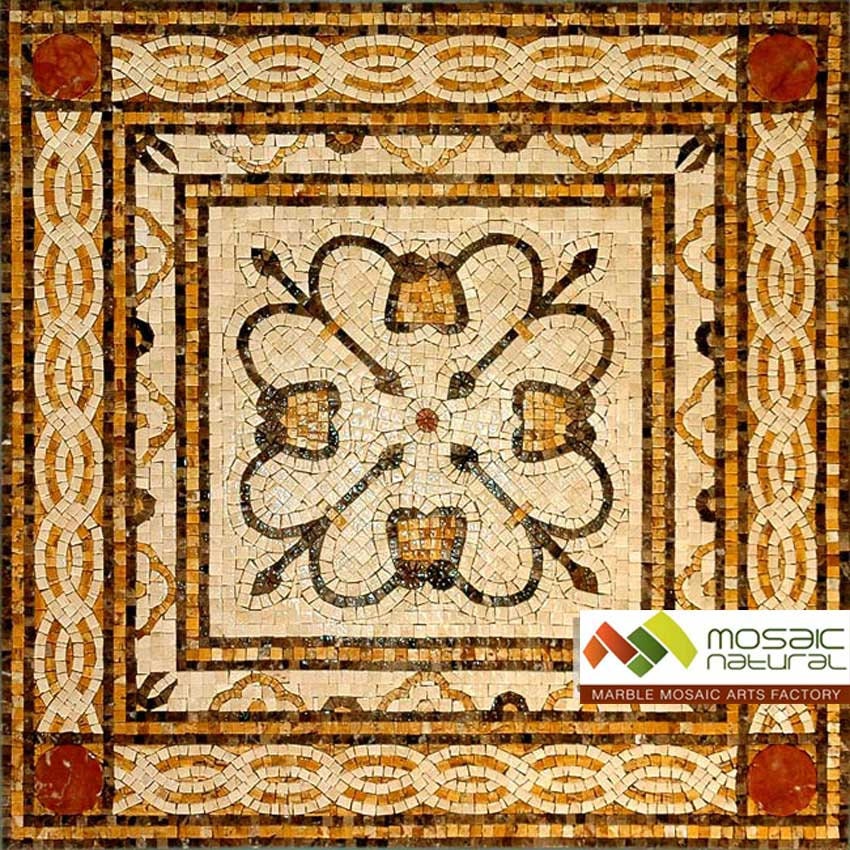 Floral Mosaic Tile: 40” Square Marble Mural, Indoor/Outdoor
