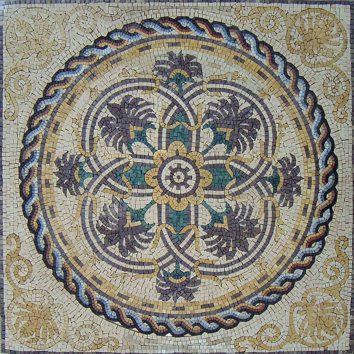 48” Handmade Floral Marble Mosaic Tile: Geometric Inlay
