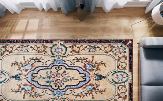 Floral Marble Mosaic Rug: Handmade Stone Carpet (108” x 54")