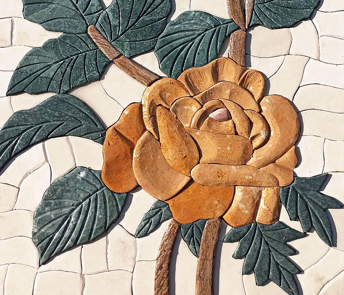14"x20" Red & Gold Roses Mosaic – Handmade Embossed Marble Tile Wall Art, Customization available