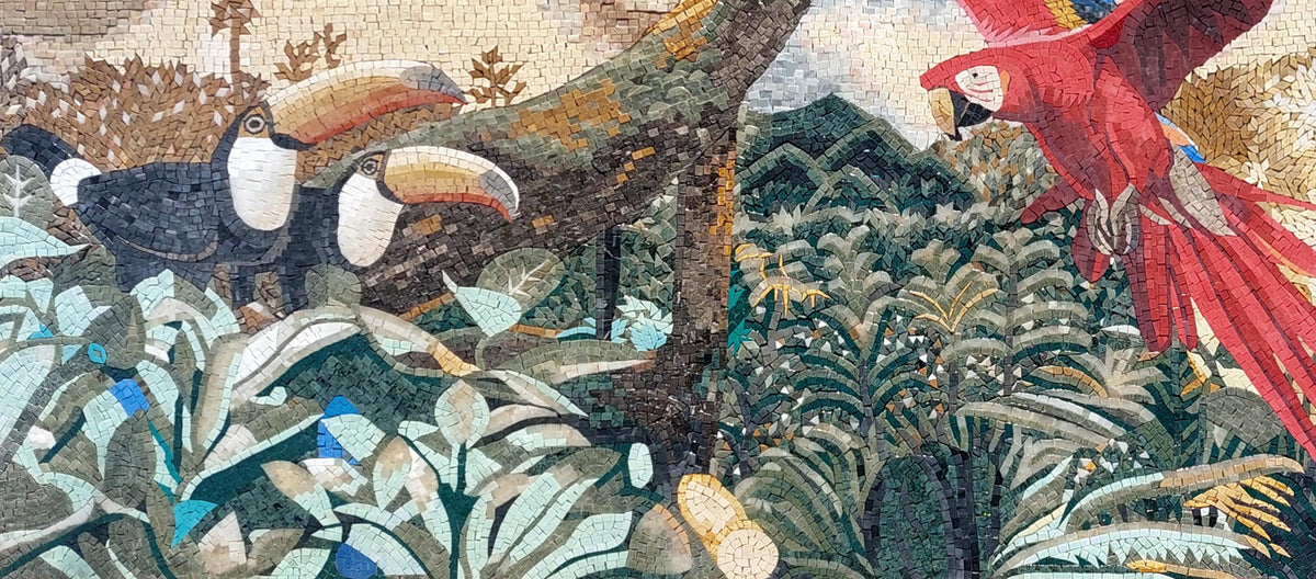 90"x40" Parrots Mosaic Wall Art –Vibrant Tropical Bird Scene, Nature-Inspired Home Decor, customization available