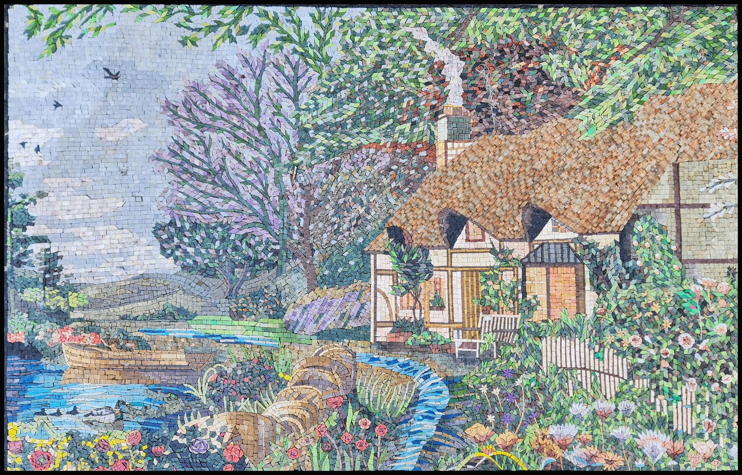 Handmade Marble Mosaic Wall Art: Village House with River (50"x32")