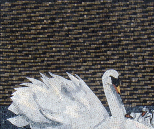 Handmade Swans Mosaic Tile Art: Family Swimming on Pond