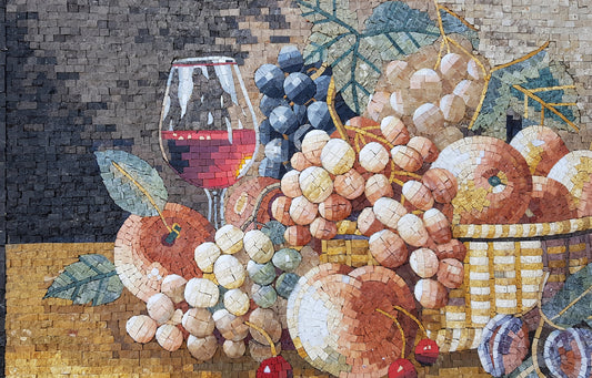 Handmade Fruit and Wine Mosaic: Kitchen Backsplash Wall Art