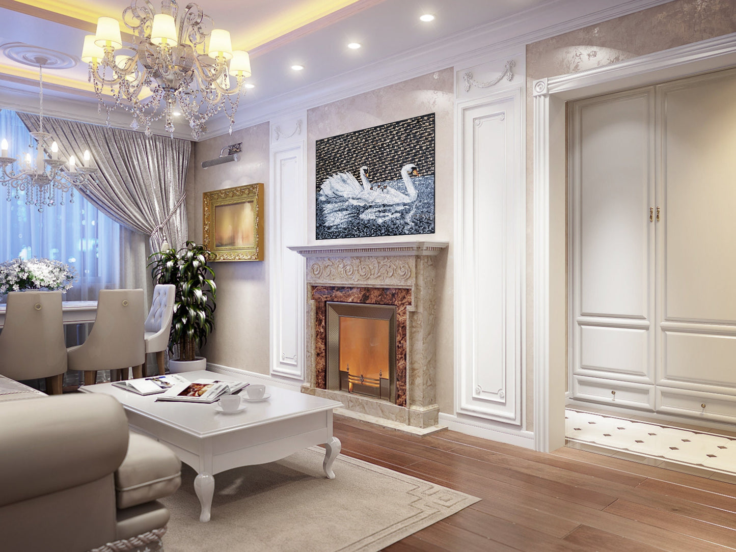 Handmade Swans Mosaic Tile Art: Marble Stone Wall Decor (36” x 28”)