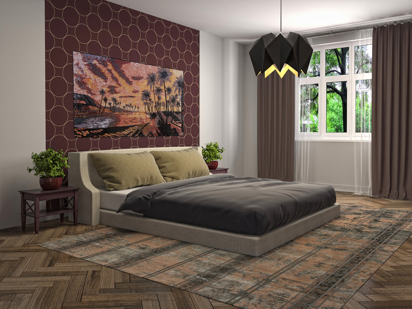 Handmade Desert Palm Tree Mosaic Tile Art: Interior/Exterior Decor (54” x 36")