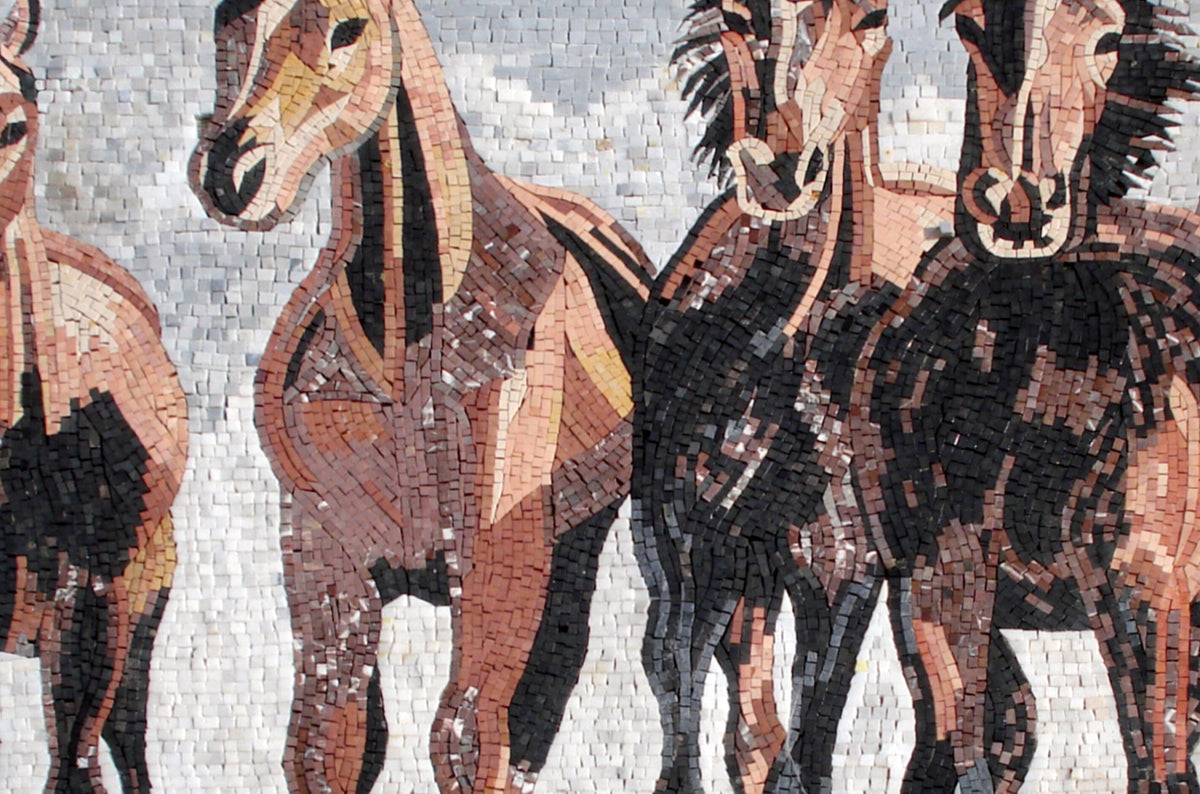Handmade Marble Horse Mosaic Tile Mural: Galloping Horses Wall Art