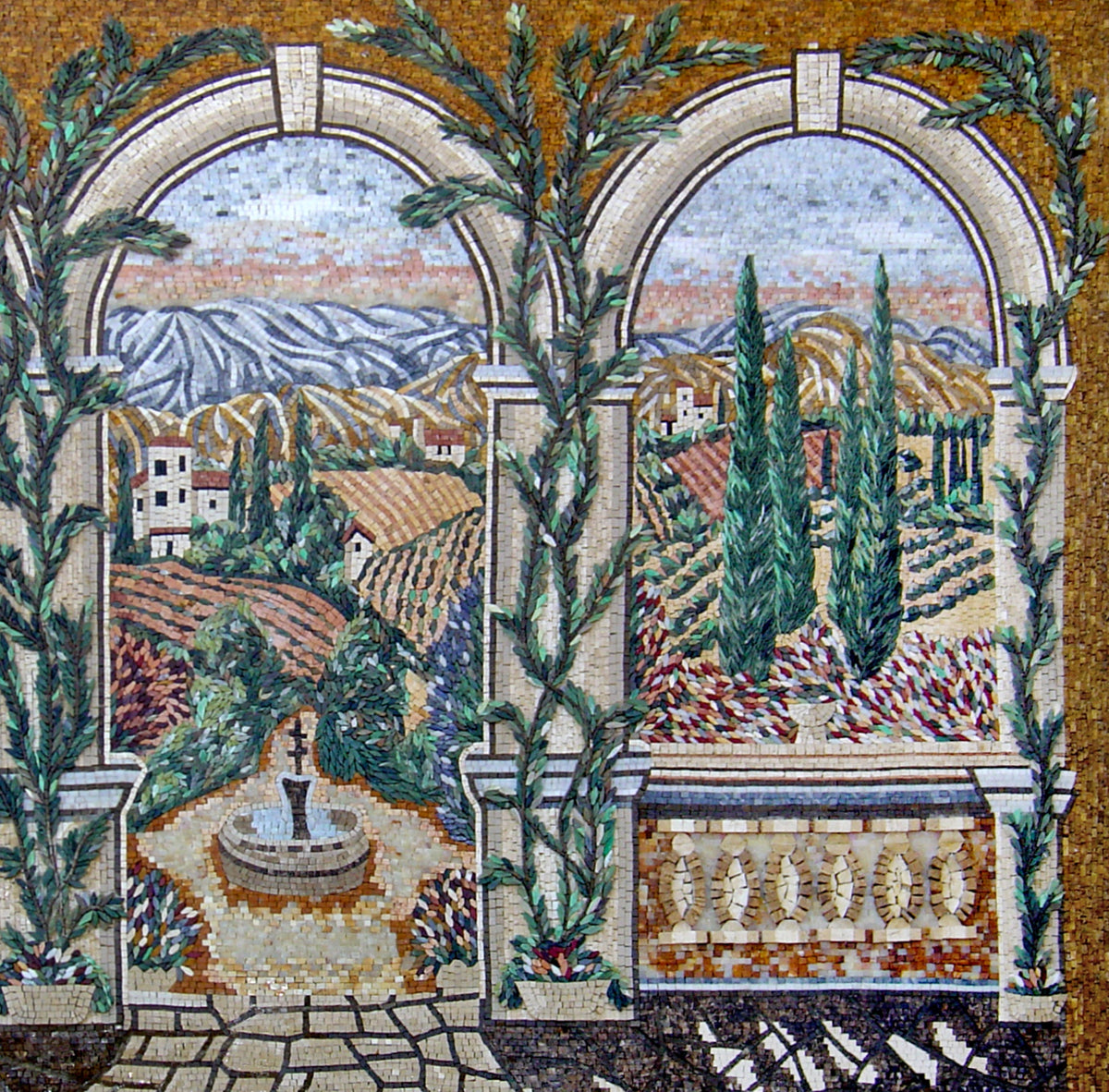 Botanical Mosaic Tile: Handmade Marble Leaves Pattern (80” x 56")