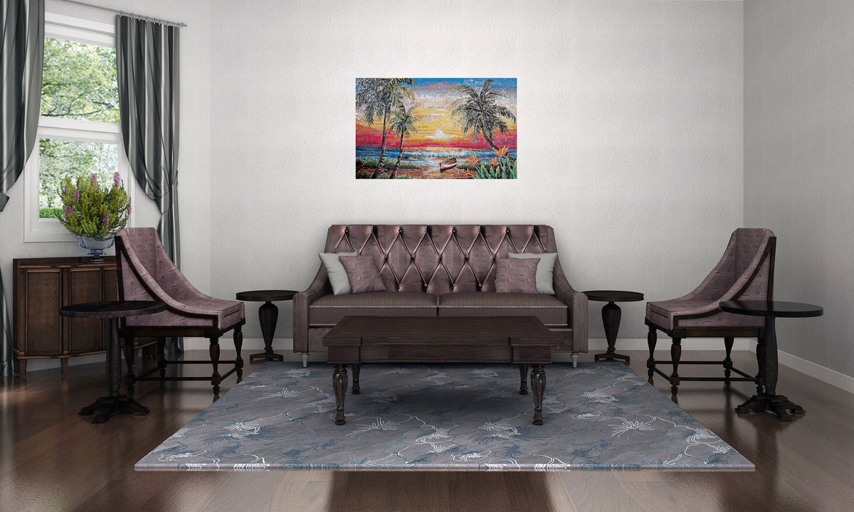 Handmade Sunset Mosaic Tile: Palm Trees & Boat Beach Scene