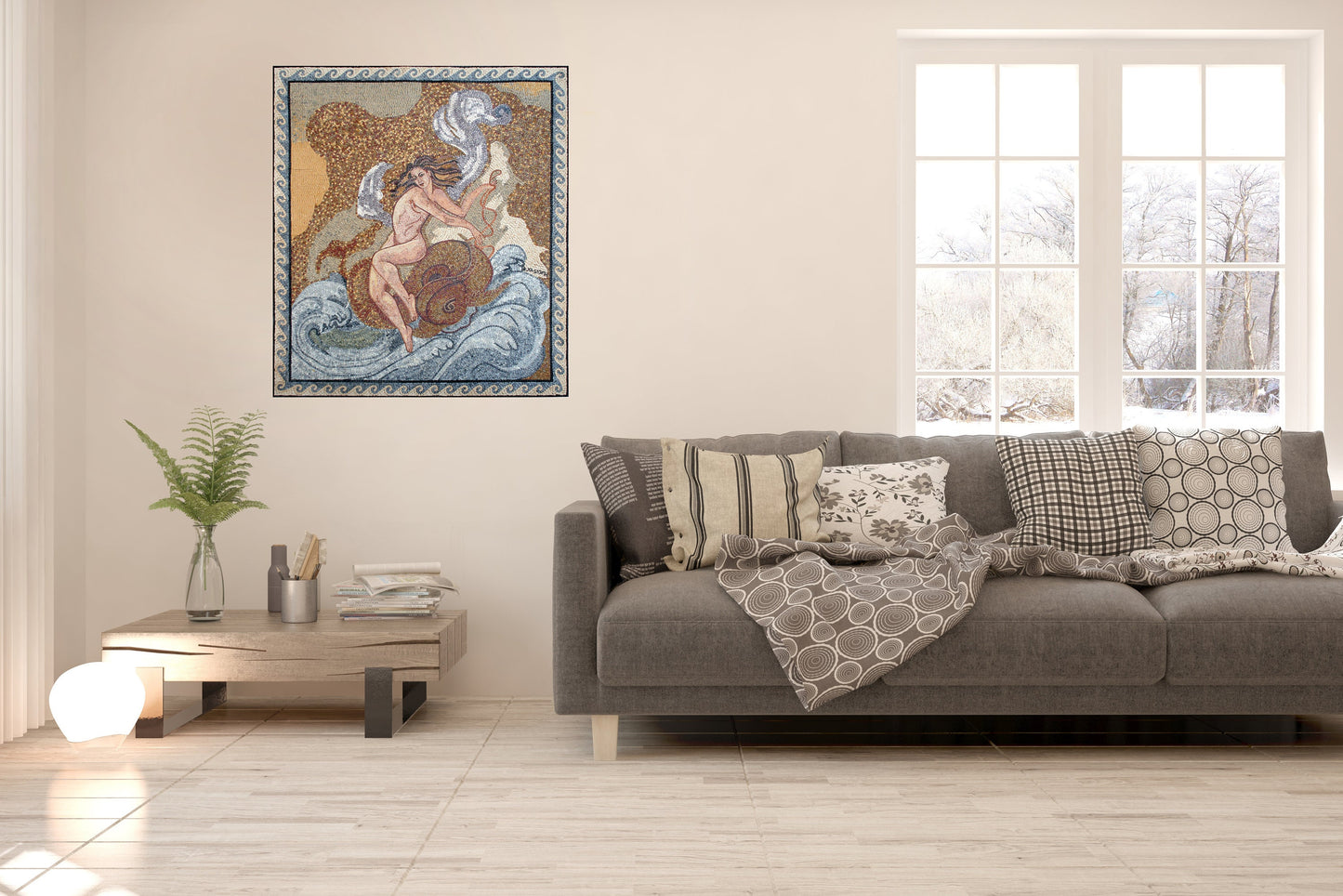 Handmade Nereid Mosaic Tile Art: Hippocamp Backsplash (80” x 68")