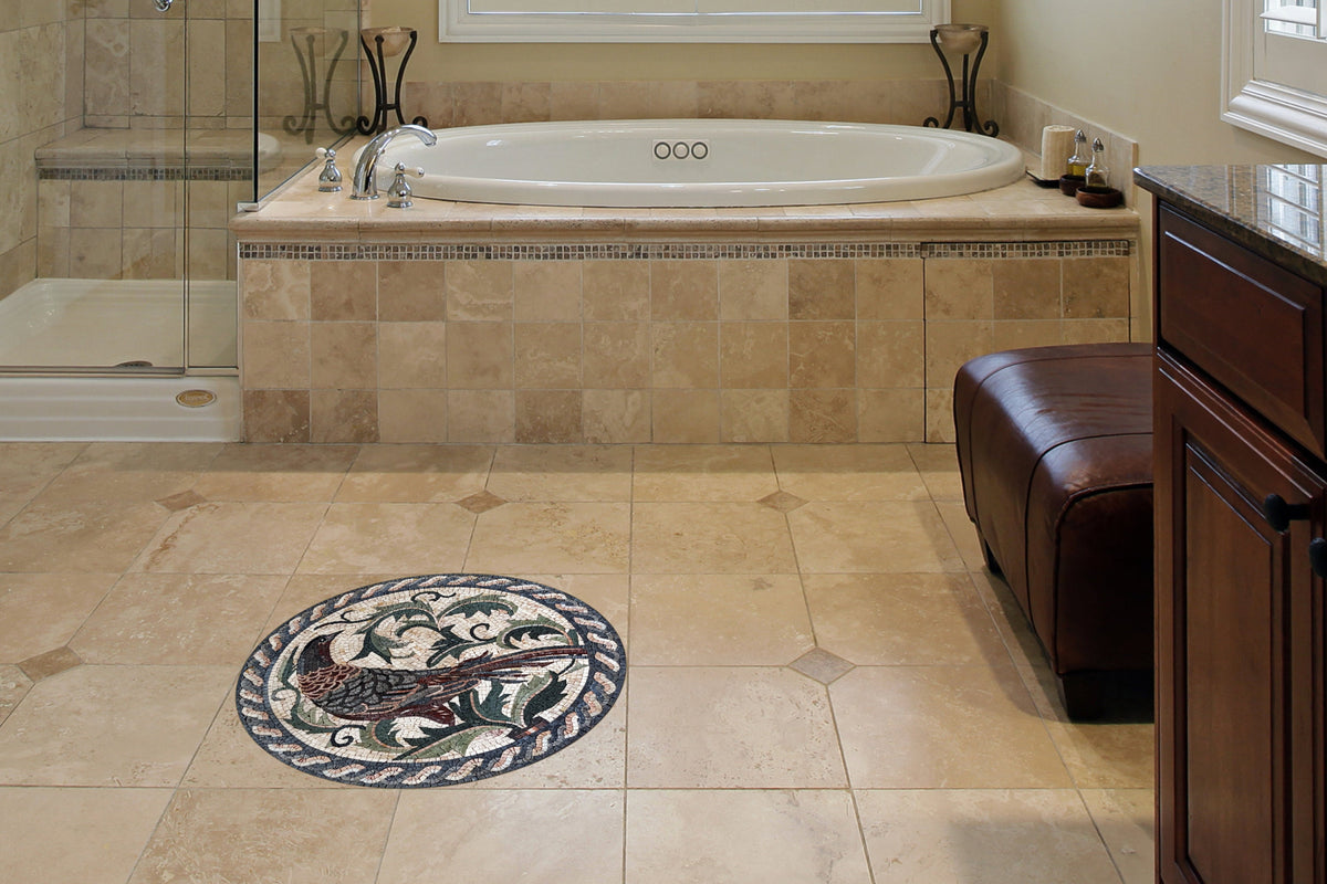 Handmade Pheasant Mosaic Tile Art: Round Bird Medallion (32")