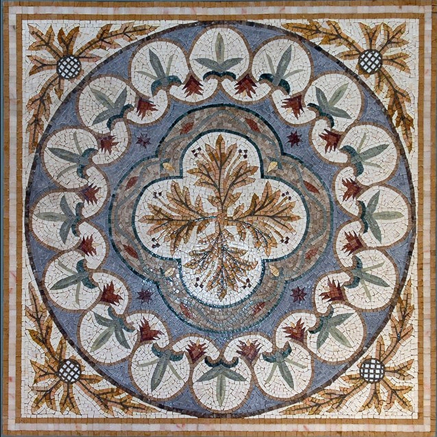 40" Marble Mosaic Floor Tile: Geometric Floral Art