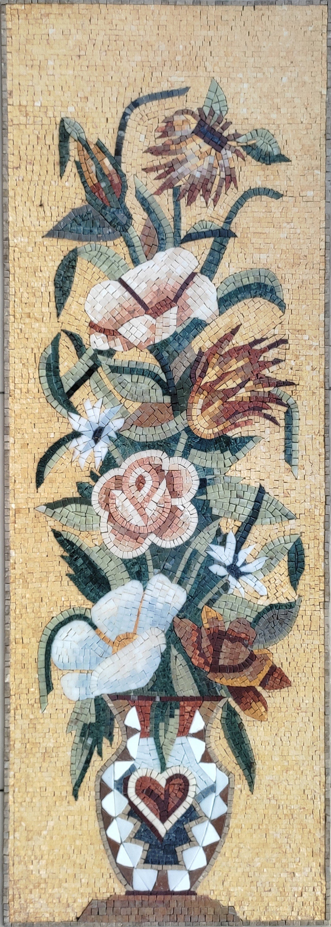 Handmade Marble Mosaic Flower Art: Vertical Wall Decor (48x20)