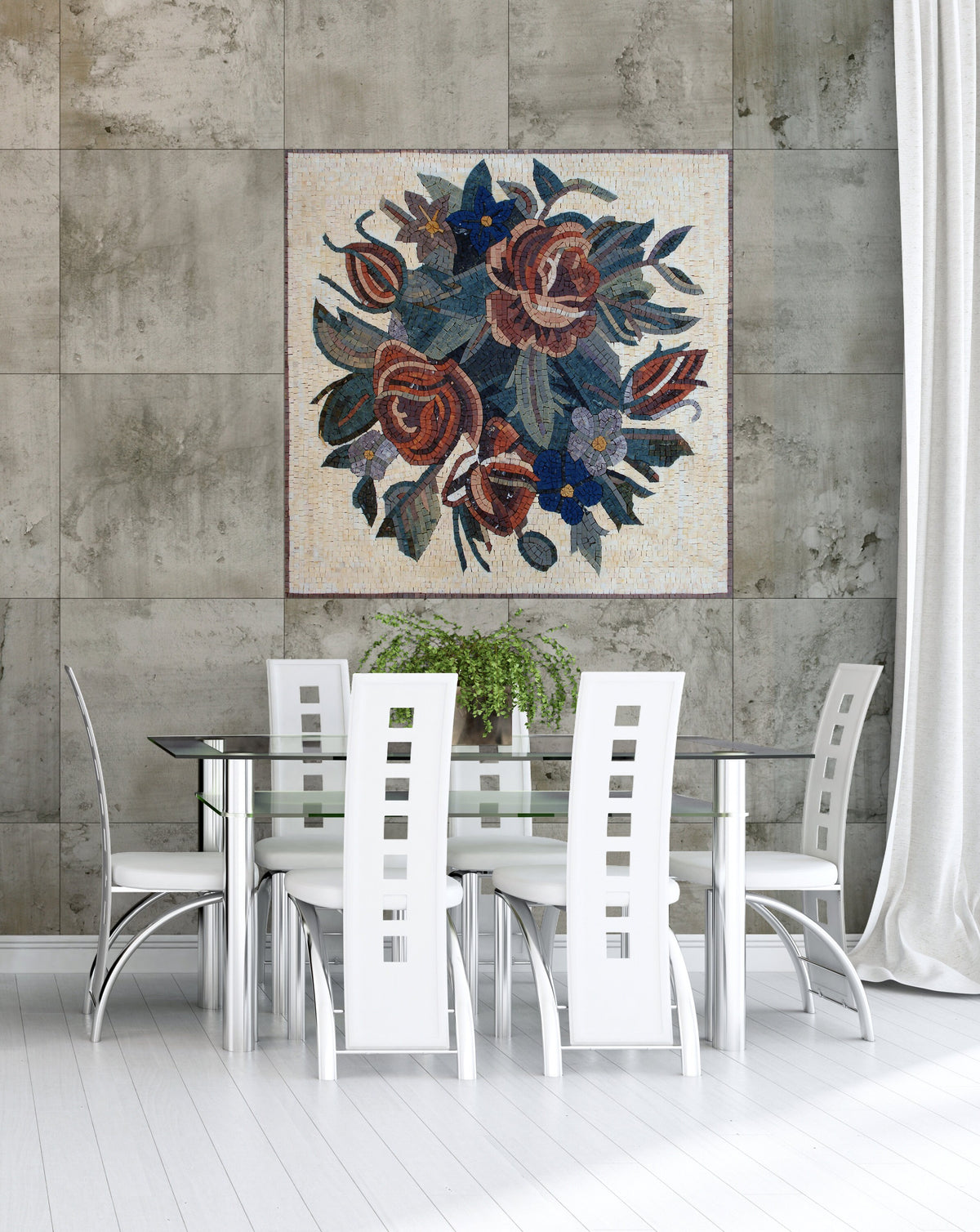 Handmade Marble Mosaic Wall Art: Red Roses & Mixed Flowers (36"x36")