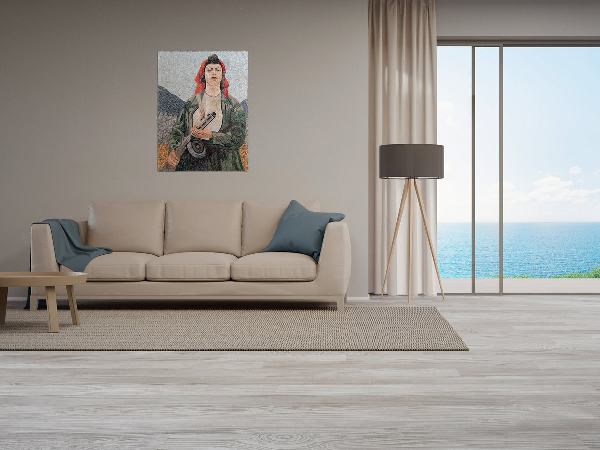 Hunter Woman Portrait Mosaic Tile Mural: Handmade Stone Art