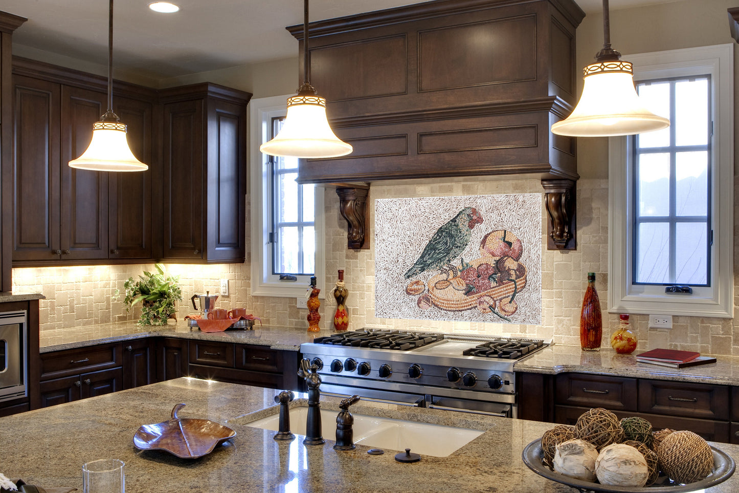 Handmade Parrot and Fruit Basket Mosaic Tile Art: Kitchen Backsplash