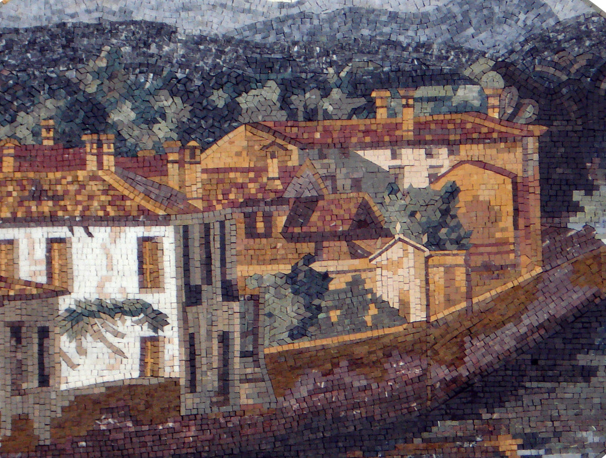 Handmade Marble Mosaic Tile Art: Country House Beach Scene (42” x 32”)