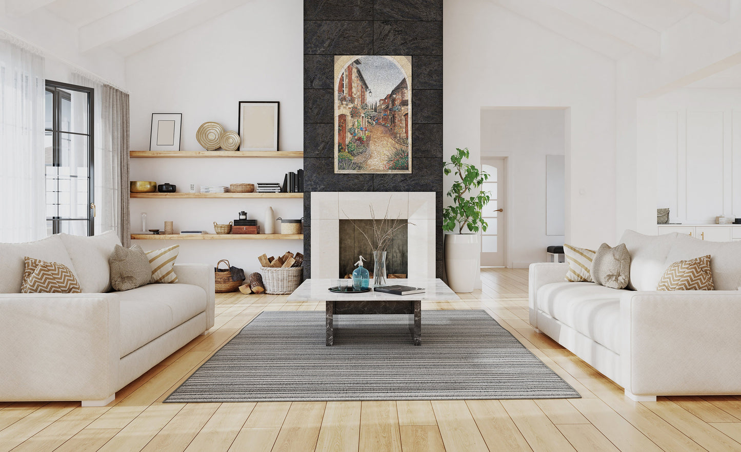 Handmade Marble Mosaic Mural: Botanical European Village Scene