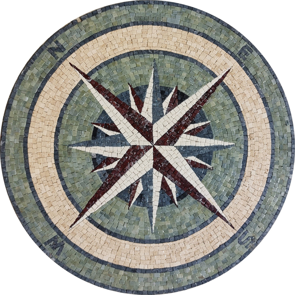 Handmade Compass Rose Marble Mosaic Medallion: Nautical Floor Tile