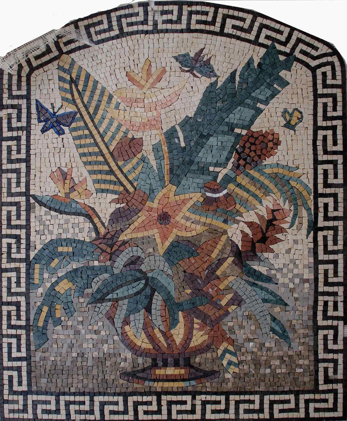 Handmade Marble Mosaic Wall Art: Floral Bouquet with Butterflies (40x32)