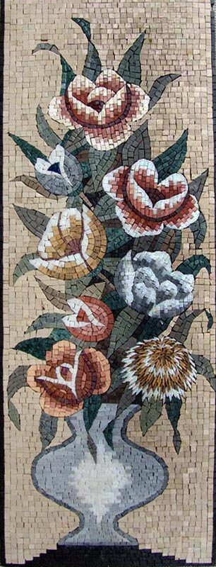 Handmade Floral Mosaic Art Tile: Roses & Mixed Flowers, 44" Vertical Medallion