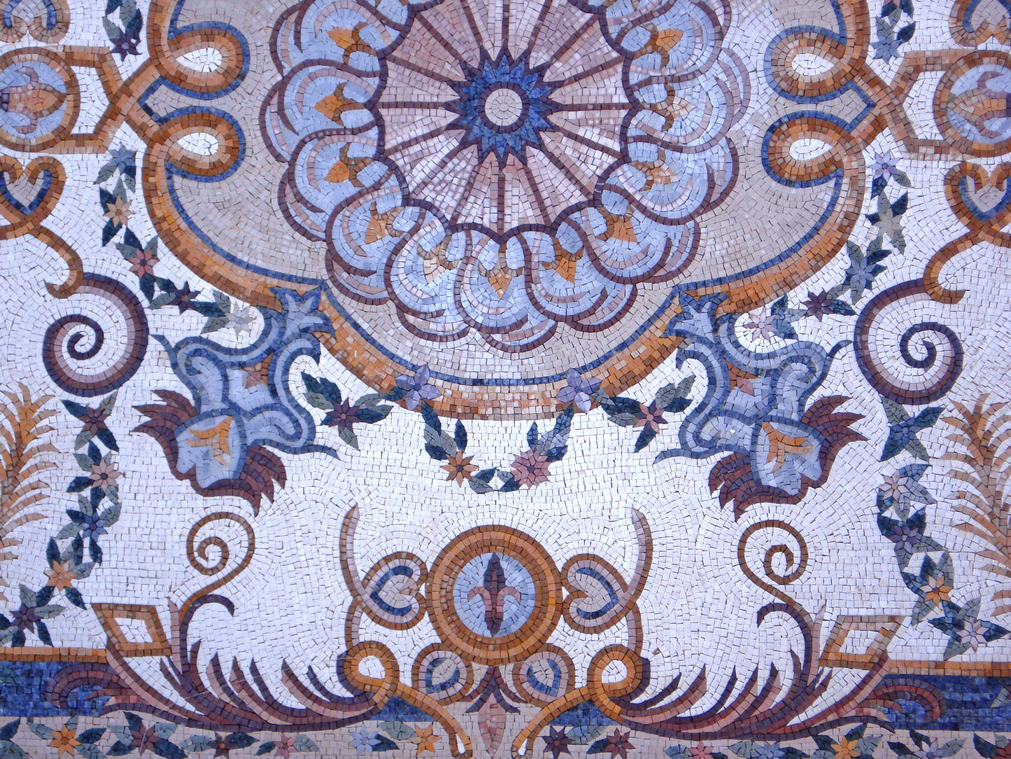 Blue & White Marble Stone Rug: Handmade Mosaic Carpet (250cm x 150cm)