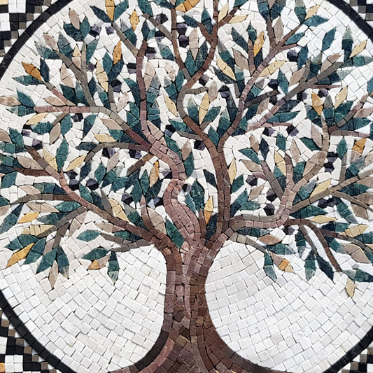 Olive Tree Backsplash Marble Mosaic Medallion Tiles. Customization. Handcrafted Roman Mosaics