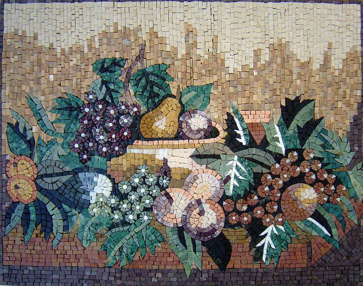 Handmade Fruit Bowl Mosaic Wall Art: Marble Kitchen Backsplash